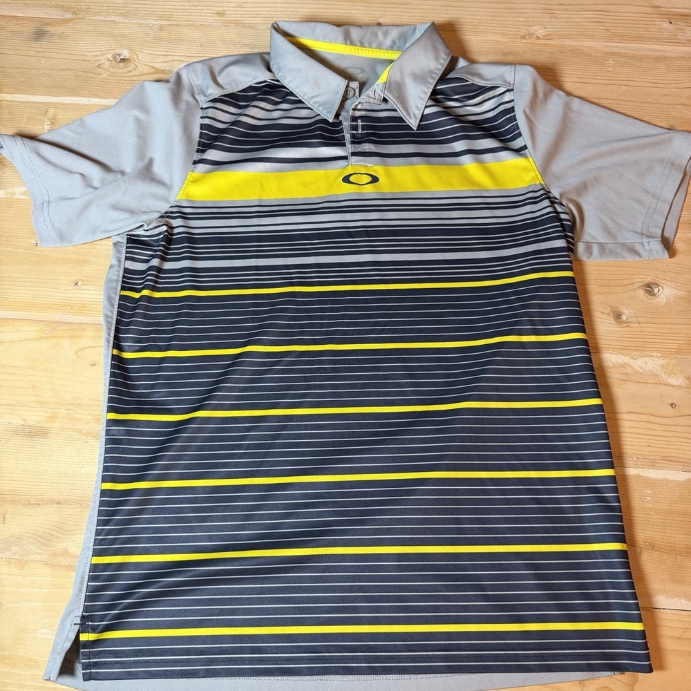 Oakley Mens Gray Yellow Striped Regular Fit Short Sleeve Golf‎ Polo Shirt Size M